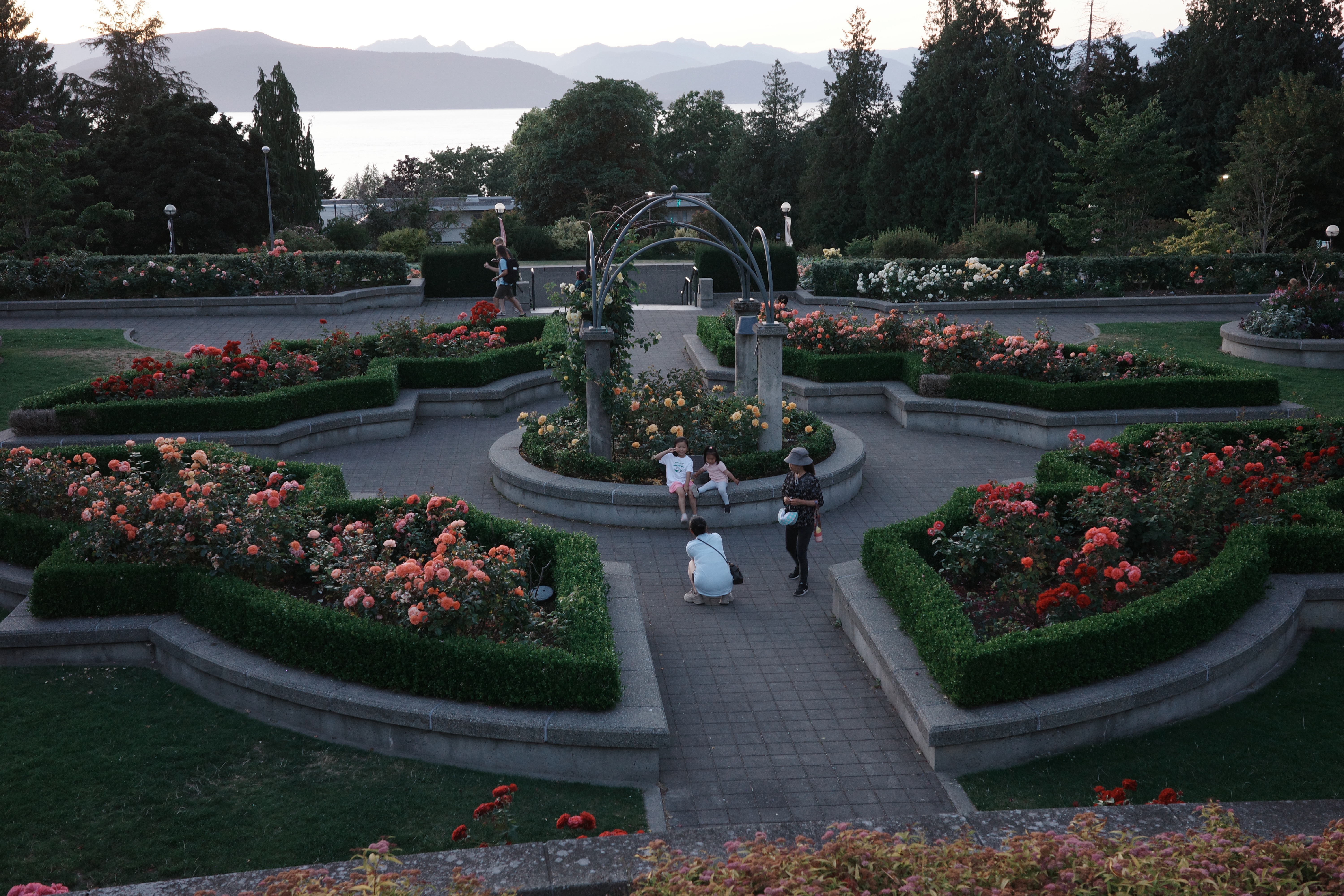 A family taking pictures in a garden